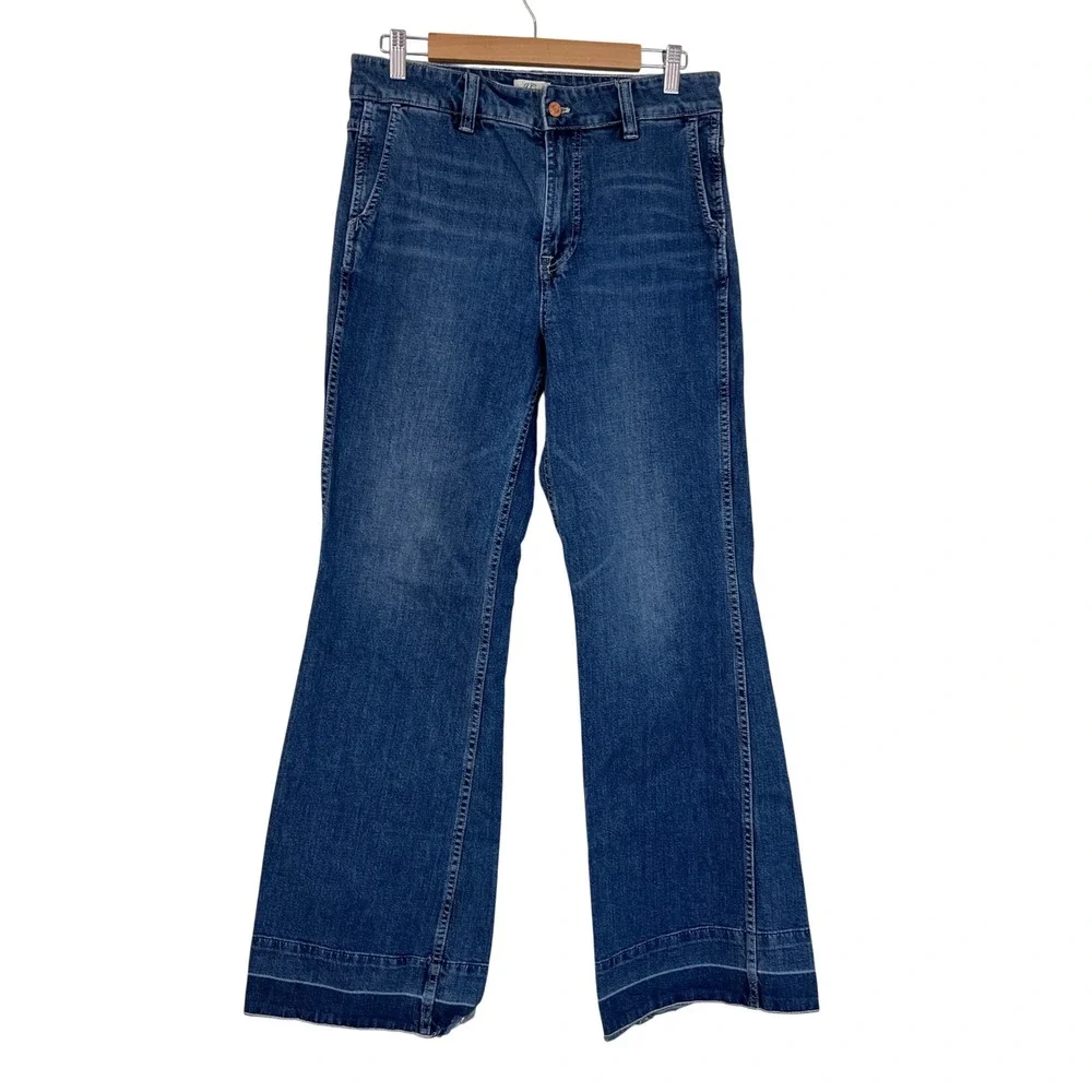 J.CREW Denim‎ Wide Flare Leg Jeans Womens 29 Blue High Rise Raw Hem Boho Coastal